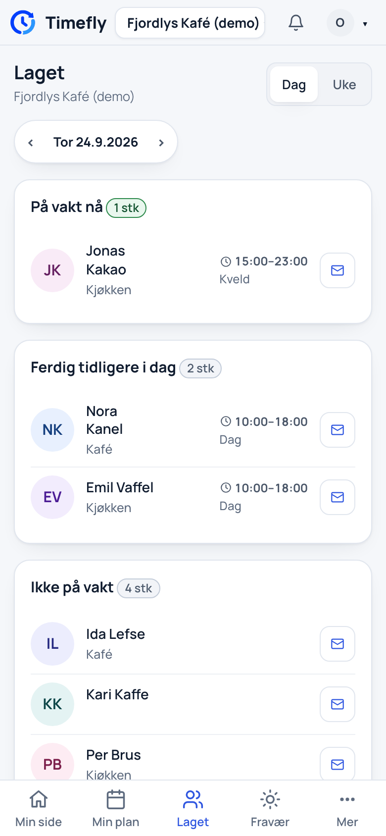 Laget på nettsiden, sett på en telefon: på vakt nå, ferdig tidligere i dag og ikke på vakt