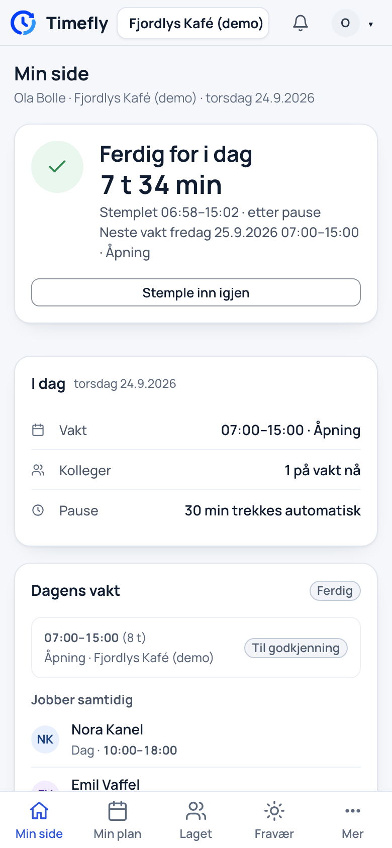 Min side på nettsiden, sett på en telefon: dagens status, stempling, i dag og dagens vakt