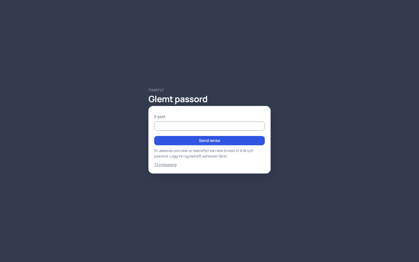 Glemt passord på nettsiden: skriv e-postadressen og trykk Send lenke
