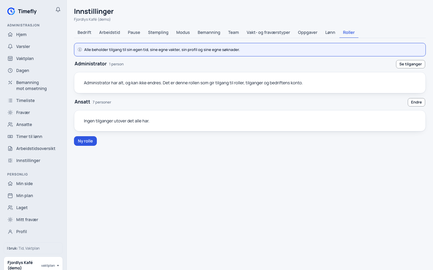 Innstillinger, fanen Roller: rollene i bedriften og hva hver av dem har tilgang til
